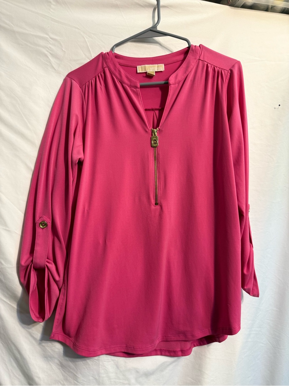 Michael Kors Fuchsia Zip-Neck Long Sleeve Blouse